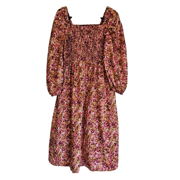 J Crew smocked puff sleeve midi faded floral dress pink brown, S - Picture 4 of 16